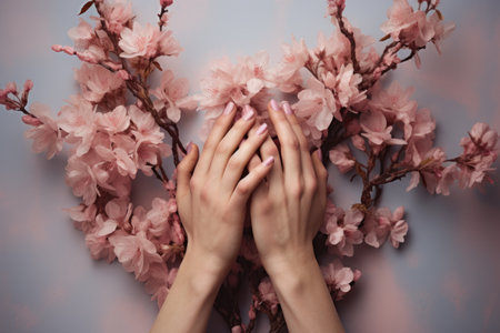 Two hands delicately hold branch of beautiful pink flowers. This image can be used to represent love, nature, beauty, or peaceful atmosphere.の素材