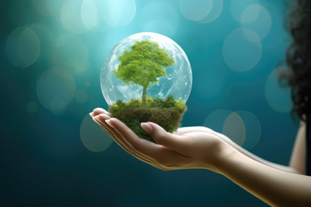 Person is holding glass globe with miniature tree inside. This image can be used to represent concepts such as nature, environment, sustainability, and world in palm of your hand.の素材