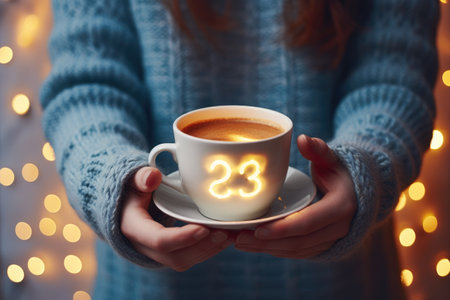 Person is seen holding cup of coffee with number 23 printed on it. Someone enjoying their morning coffee or to symbolize the significance of number 23 in various contexts.の素材