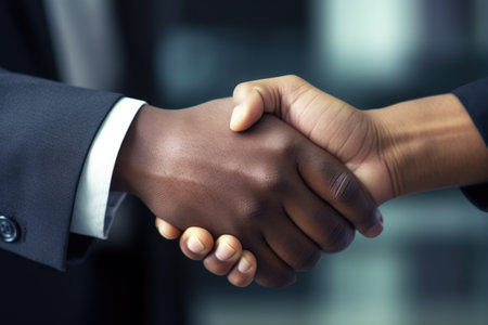 Close-up photograph capturing the moment two people shake hands. This image can be used to symbolize agreements, partnerships, and professional interactions.の素材