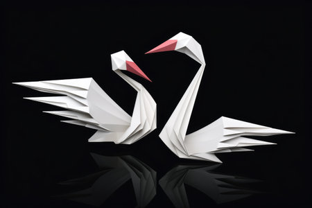 Two paper swans delicately arranged to form heart shape. This image captures beauty and elegance of handmade crafts. Perfect for wedding invitations, anniversary cards, or romantic-themed designs.の素材