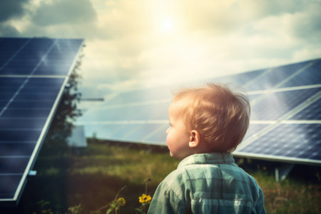 Young boy standing in front of solar panel. This image can be used to illustrate renewable energy, sustainability, or future of technology.の素材