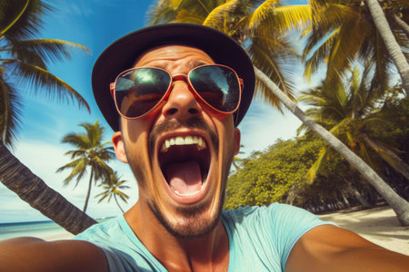 Man wearing sunglasses and hat relaxing on sunny beach. Perfect for travel or vacation-related content.の素材