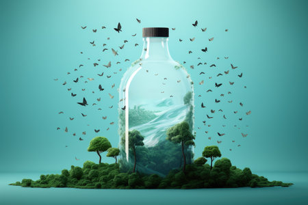 Bottle filled with numerous birds in flight. This captivating image can be used to depict freedom, nature, or concept of breaking free from constraints.の素材