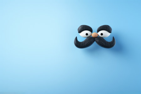 Cute penguin with mustache and eyes, standing against vibrant blue background. This image can be used for various purposes, such as advertisements, social media posts, or children's illustrations.の素材