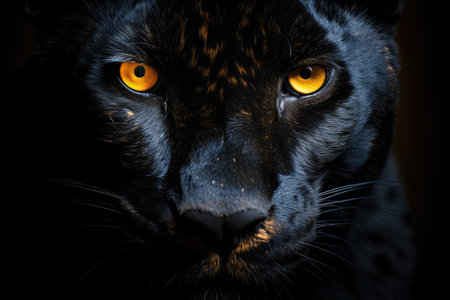 Close up view of black cat with striking yellow eyes. This image can be used to depict the mysterious and captivating nature of cats.の素材