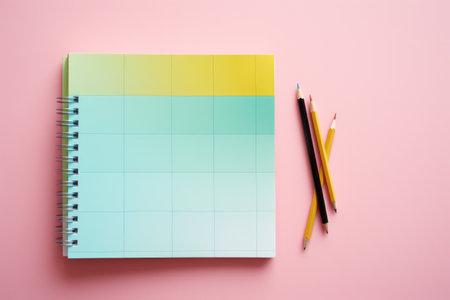 Notebook with two pencils placed next to it on pink surface. This image can be used for various purposes such as office supplies, creativity, writing, and education.の素材