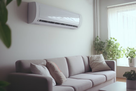 Comfortable living room featuring stylish couch and modern air conditioner. Perfect for home decor or real estate listings.の素材