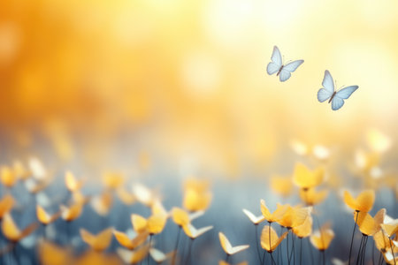 Beautiful field of yellow flowers with butterflies flying around. Perfect for nature-themed projects and designs.の素材
