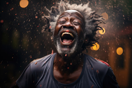 Man with dreadlocks is captured in the moment of pure joy as he laughs heartily in rain. This image can be used to depict happiness, freedom, or carefree moments in various projects and designs.の素材