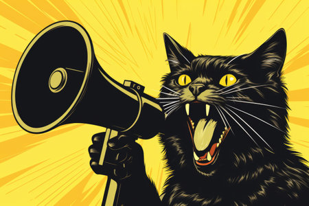 Black cat holding megaphone in its mouth. Perfect for advertising or communication-related projects.の素材
