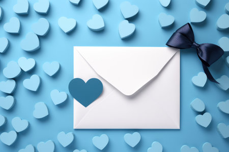 White envelope with blue heart on blue background. Perfect for sending heartfelt messages or invitations.の素材