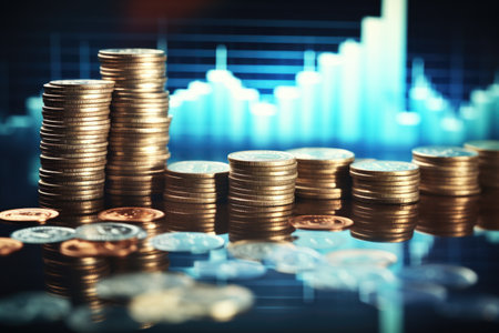 Pile of coins sitting on top of table. This image can be used to represent financial savings, investments, or budgeting.の素材