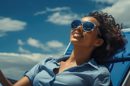 Woman sitting in chair holding cell phone. This image can be used to depict modern technology, communication, or relaxation.の素材
