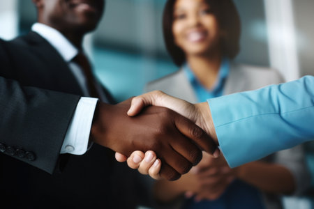 Close-up photograph of two people shaking hands. This image captures the moment of agreement and partnership. Ideal for business-related projects or any concept related to teamwork and collaboration.の素材