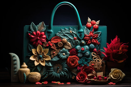 Picture of handbag with flowers and vase placed on table. This image can be used to showcase fashion accessories or as decorative element in interior design projects.の素材