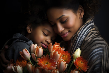 Woman holding child in one arm and beautiful bouquet of flowers in other. Perfect for capturing bond between mother and child, or for celebrating special occasions such as Mother's Day or birthdays.の素材