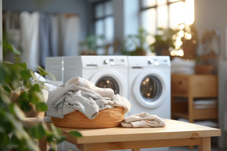 Wooden table with basket filled with clothes. Perfect for showcasing laundry products or creating a cozy home atmosphere.の素材