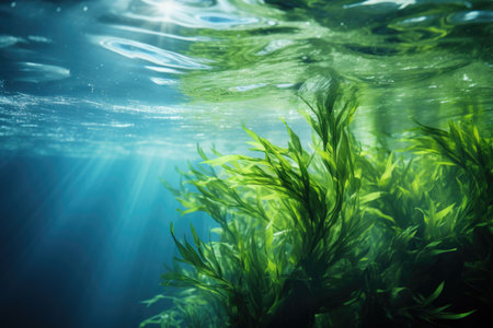Underwater view of plant in water. This image can be used for nature or aquatic-themed projects.の素材