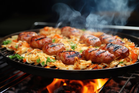 Grill with variety of food cooking on it. Perfect for outdoor barbecues and cookouts.の素材