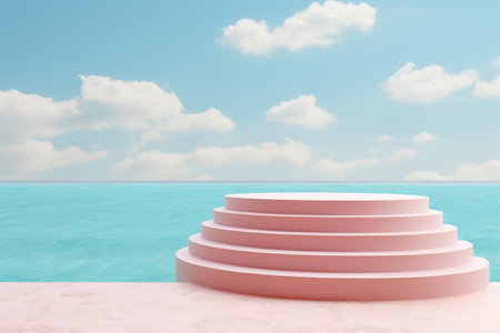 Picturesque pink beach house with set of stairs leading to idyllic ocean view, surrounded by serene white clouds.の素材