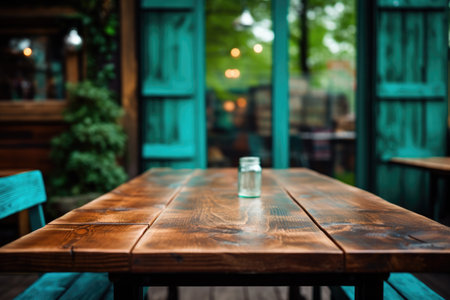 Simple wooden table with glass of water placed on top. This image can be used to depict refreshing drink, hydration, or calm and minimalist setting.の素材