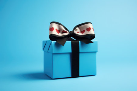 Beautiful blue gift box with black ribbon and bow. Perfect for any special occasion or celebration.の素材