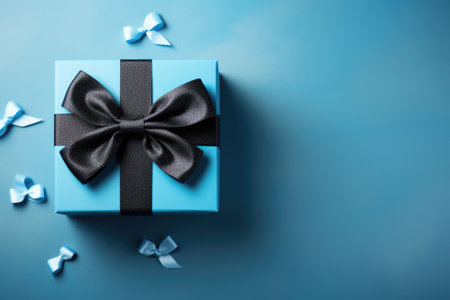Blue gift box with black bow on it. Perfect for birthdays, holidays, or any special occasion.の素材