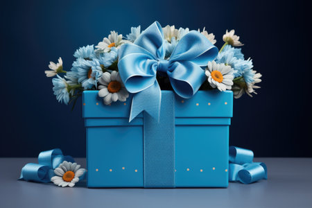 Beautiful blue gift box with blue bow and flowers. Perfect for birthdays, anniversaries, or any special occasion. This image can be used to convey surprise, joy, and celebration.の素材