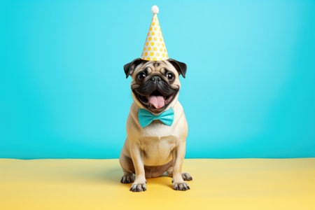 Picture of dog wearing festive party hat and stylish bow tie. Perfect for birthday celebrations or any fun and joyful occasions.の素材