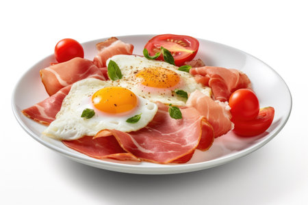 Mouthwatering delightful breakfast with eggs, ham, and tomatoes on bread, beautifully presented on an isolated white plate. Food and culinary-related concept.の素材