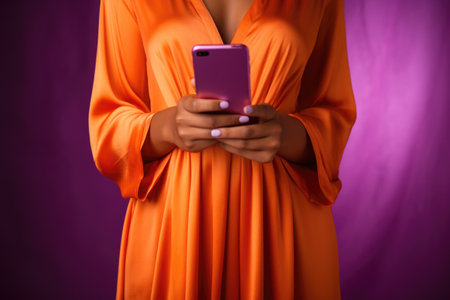 Woman in orange dress is seen holding cell phone. This image can be used to depict modern technology and communication.の素材