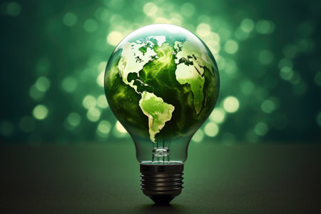 Light bulb with green globe inside. Perfect for illustrating energy efficiency, environmental consciousness, and sustainable solutions.の素材