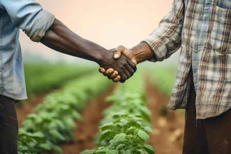 Two men are shaking hands in vibrant field of crops. This image can be used to depict teamwork, partnership, or agricultural business.の素材