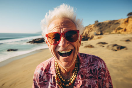 Older man is pictured wearing sunglasses on beach. This image can be used to depict relaxation, vacation, or enjoying the sun. .の素材