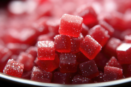 Colorful pile of assorted fruits sprinkled with sugar. Perfect for illustrating healthy eating, dessert recipes, or summer fruit salads.の素材