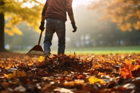 Person standing in pile of leaves with rake. This image can be used to depict fall season activities or yard work.の素材