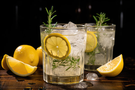 Glasses filled with ice and lemon slices. Suitable for refreshing summer drink concepts.の素材