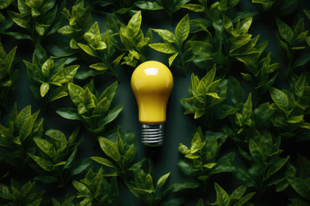 Vibrant yellow light bulb contrasts against backdrop of lush green leaves. This image can be used to represent creativity, innovation, and environment.の素材