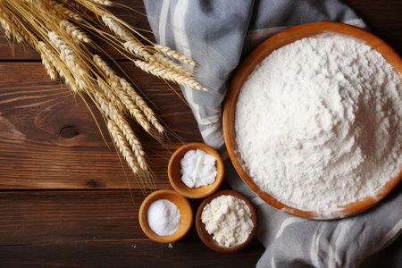 Wooden table showing array of diverse food bowls. Perfect for food enthusiasts and restaurant promotions.の素材