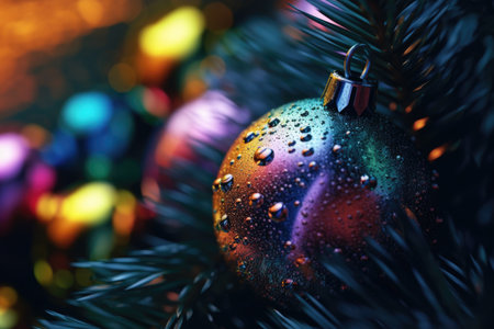 Detailed view of Christmas ornament hanging on tree. This image can be used to add a festive touch to holiday-themed designs.の素材