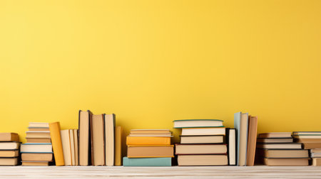 Row of books neatly arranged on shelf against vibrant yellow wall. Perfect for educational, library, or home decor themes.の素材