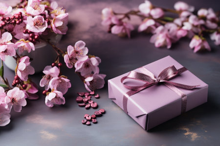 Purple gift box is placed beside a vibrant bunch of pink flowers. This image can be used to represent celebrations, birthdays, or as symbol of love and appreciation.の素材