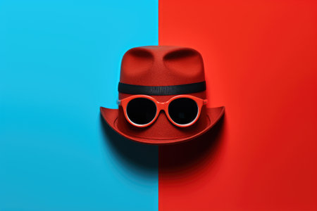 Picture of red hat and sunglasses placed on vibrant blue and red background. Perfect for fashion, summer, or accessories-themed projects.の素材