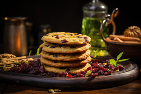 Pile of cookies sitting on top of wooden plate. Perfect for food and baking enthusiasts.の素材