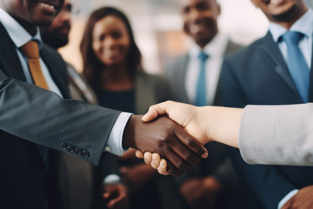 Group of business people shaking hands. Can be used to illustrate teamwork, collaboration, or business meetings. Suitable for websites, presentations, and marketing materials.の素材