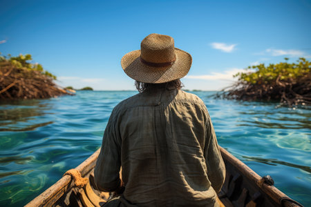 Man wearing hat is seated in boat.の素材