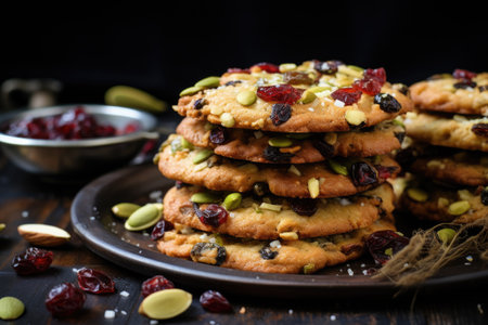 Stack of cookies with nuts and cranberries on plate. Perfect for holiday baking and festive celebrations.の素材