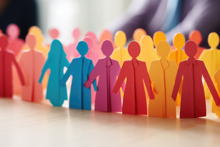 Group of paper people standing next to each other. Perfect for illustrating unity, teamwork, or community concepts. Ideal for use in presentations, brochures, or educational materials.の素材