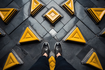 Person standing on top of black tiled floor. This image can be used to depict concepts of solitude, contemplation, or minimalism.の素材
